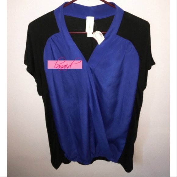 Blue Black Surplice V-Neck Drape Wrap V-Neck Colorblock Flowy Criss-Cross Blouse - Picture 1 of 3